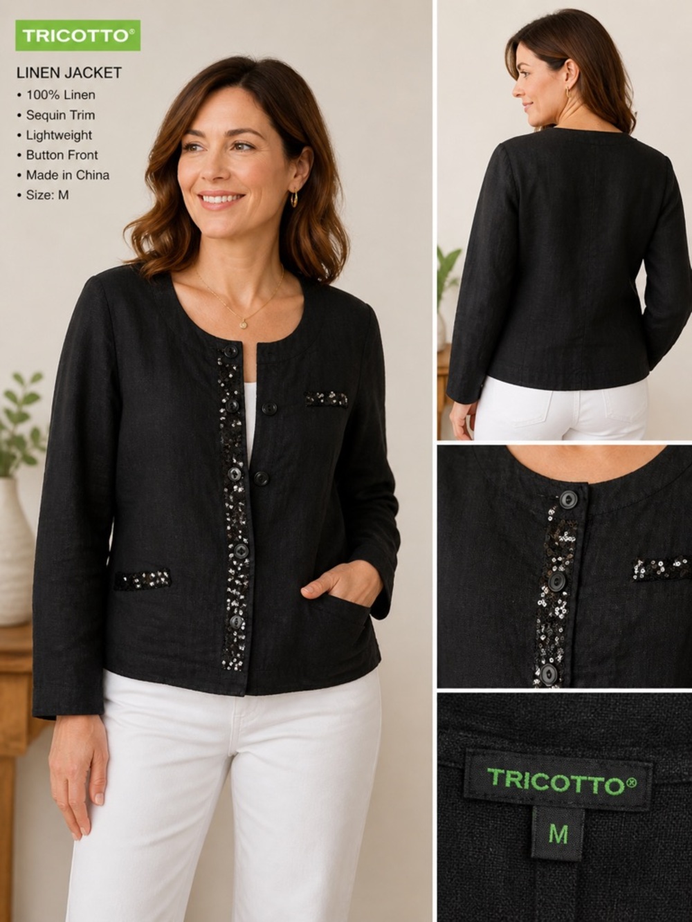 100% linenTricotto Black Sequin Trim Linen Jacket